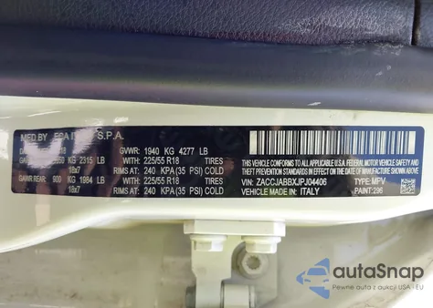 2018 Jeep Renegade Altitude Fwd z USA, uszkodzony, nr VIN ZACCJABBXJPJ04406